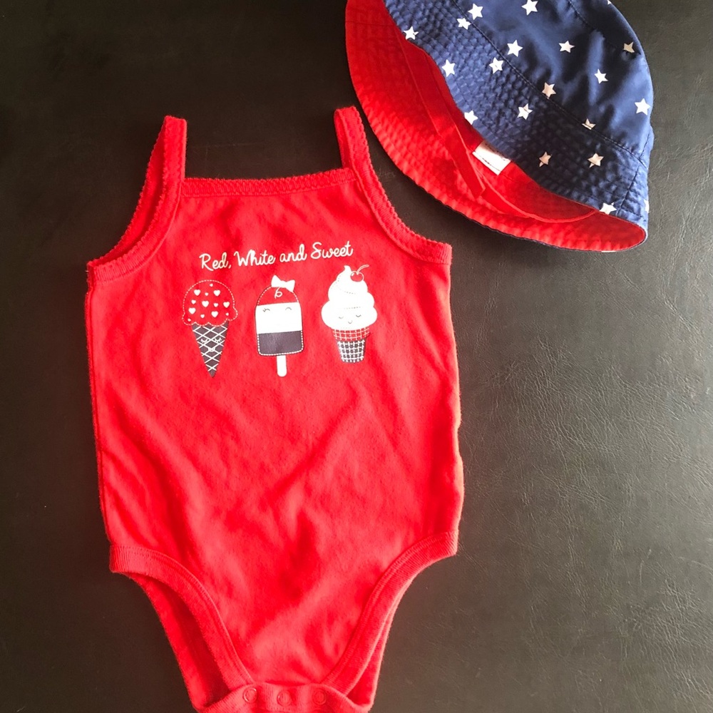 🇺🇸Adorable red onesie tank top with matching sun hat.🎆